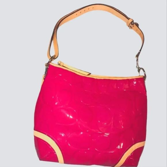 Coach Peyton Embossed Patent Convertible Hobo In Crimson Pink And Tan - Picture 10 of 12